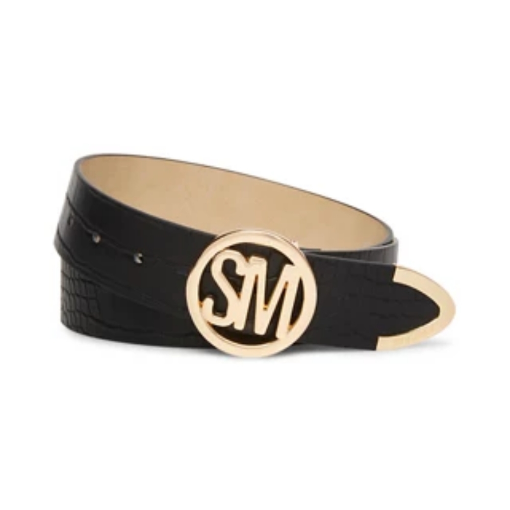 NEW Steve Madden Black Matte Croc Vegan Leather Engraved Gold Logo Belt M